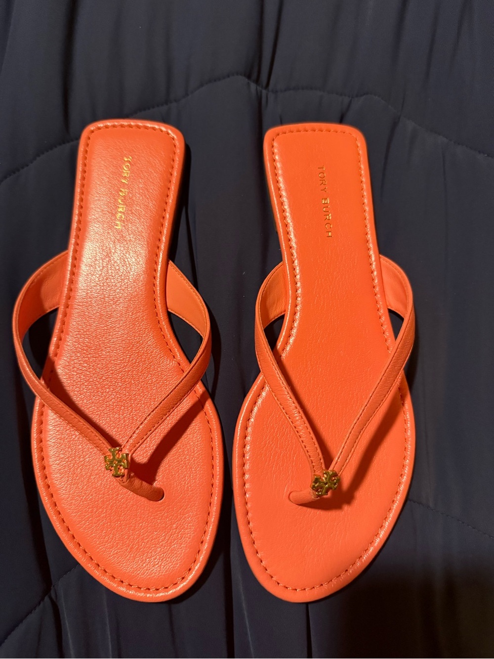 Tory Burch Orange Leather Thong Sandals with Gold Logo